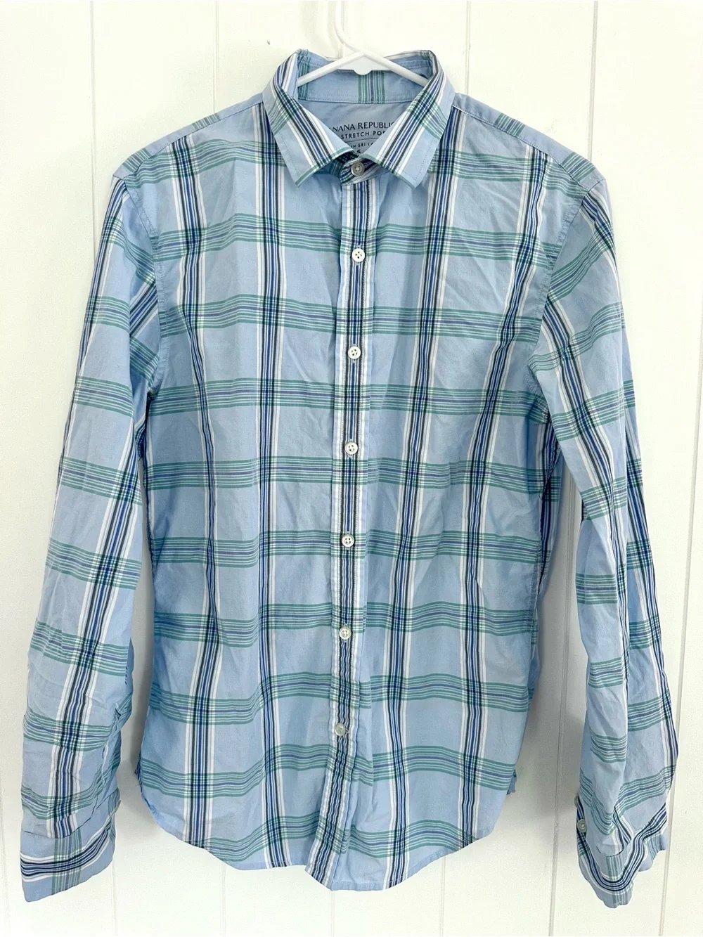 Banana Republic Men’s Light Blue and Green Plaid Button-Down Shirt- small stain